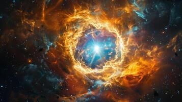 A closeup of a supernova the explosion of a dying star. The intense burst of light and energy creates a dazzling display with swirls of gas and dust being thrown out into space in photo
