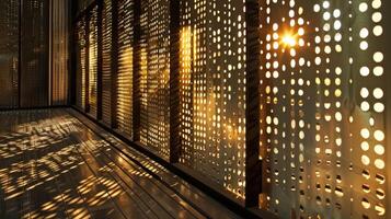 As the light filters through the perforated holes in the metal sheets it creates a beautiful dance of light and shadow on the surrounding surfaces adding depth and interest to the photo