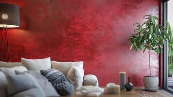 Moving into the living room we see a stunning feature wall in a bold Venetian red polished plaster. The rich color and glossy finish add a touch of drama to the space while still photo