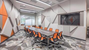 This collaborative workspace within the modern office is a testament to how fiber cement panels can be used creatively. The use of triangular shaped panels on the walls creates an photo