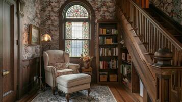 Up the staircase the second floor landing boasts a cozy reading nook with a plush armchair and ottoman sitting next to a builtin bookshelf. The walls are lined with vintage floral photo
