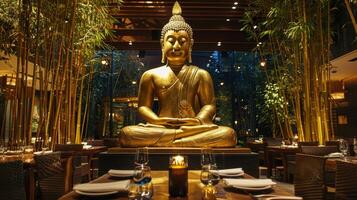 Amidst the natural bamboo backdrop a large golden statue of the Buddha sits serenely a symbol of harmony and balance that perfectly embodies the fusion of eastern and western aesthetics photo