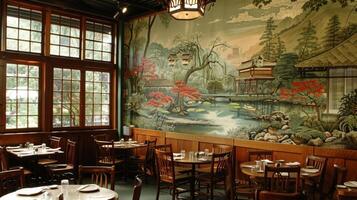 In one corner a large handpainted mural of a traditional Japanese garden stretches across the wall transporting diners to the peaceful tranquility of the Far East. photo