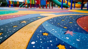 Brightly colored rubber tiles cover the floor of a futuristic playground featuring patterns of stars planets and galaxies. The gentle cushioning of the tiles provides a safe and tactile photo