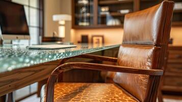 The home office desk is given a stylish and sustainable upgrade with a recycled glass countertop in warm earth tones. The unique and varied patterns within the glass create a rich photo