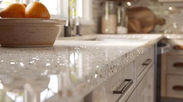 The elegant and sophisticated look of Timeless Modernity recycled glass countertops adds a touch of luxury to this kitchen. The surface is composed of recycled glass in shades of white photo