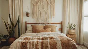 Natural light streams in through curtains casting a warm glow on the rooms earthy tones. A woven macrame wall hanging featuring a desert scene hangs above the bed flanked by two potted photo
