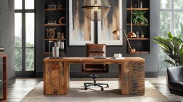 A contemporary office with a statement desk made from reclaimed wood with a sleek and modern design. The wood is sanded and polished to create a smooth surface but still showcases photo