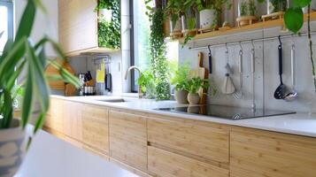 The kitchen boasts sleek and modern cabinets made from responsibly sourced bamboo paired with energyefficient stainless steel appliances. The countertops are made from recycled glass photo
