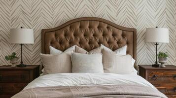 As you enter the master bedroom you are greeted by a grand herringbone upholstered headboard creating a striking visual contrast against the textured wallpaper. The timeless herringbone photo