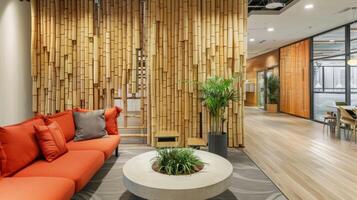 The office space features a striking feature wall made from stacked bamboo poles. The poles are to different lengths and arranged in a geometric pattern creating a 3D effect that adds photo