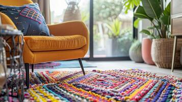 A vibrant handwoven rug made from recycled plastic bottles anchors a cozy reading nook in a home office. The colorful pattern adds a lively touch to the space while also reminding photo