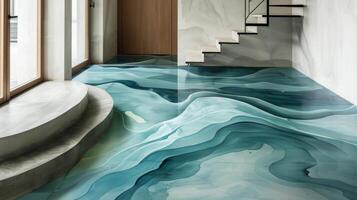 Large irregular shapes in shades of blue and green are handpainted on the floor mimicking the fluidity of water. The organic forms and soothing colors bring a calming and serene photo