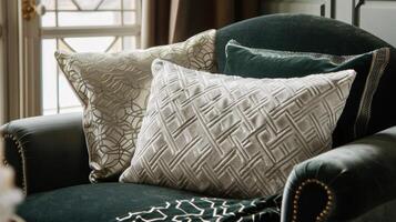 In a cozy reading nook plush velvet pillows in geometric patterns of silver and gold stand out against a velvet upholstered armchair in a deep green hue. The combination of rich textures photo