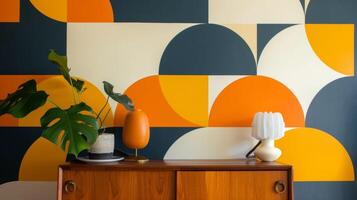 A retroinspired wallpaper featuring bold geometric shapes in shades of navy orange and yellow covers one wall adding a dynamic and lively backdrop to the room. photo