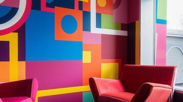 A playful mural of overlapping squares and rectangles in bright primary colors covers one wall adding a sense of childlike wonder to the room. The geometric shapes are arranged in photo
