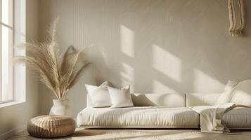 An image of a minimalist living room with walls covered in a unique natural fiber wallpaper with a slightly rough texture. The wallpaper features a subtle herringbone pattern in shades photo