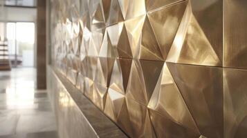 The hallway of a contemporary home is elevated with a wall covered in a geometric wallpaper featuring metallic triangles in shades of gold silver and bronze. The reflective surfaces photo