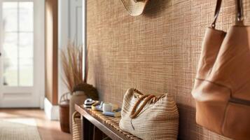 The final image showcases the durability of the Jute Journey wallpaper as it is used in a high traffic area like the entryway. Despite the heavy footfall the textured wallpaper maintains photo