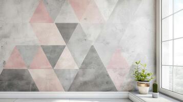 Soft muted triangles in shades of gray and pink cover the walls creating an abstract mountain range. The gentle colors and calming shapes give the room a tranquil and cozy ambiance. photo