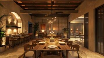The warm ambient lighting in the dining room creates a cozy and inviting atmosphere making it the perfect space to enjoy a meal. Soft music plays in the background providing the perfect photo