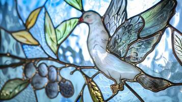 In a corner of the room a smaller stained glass window depicts the image of a dove carrying an olive branch representing peace and the Holy Spirit. The soft blues and greens of the photo