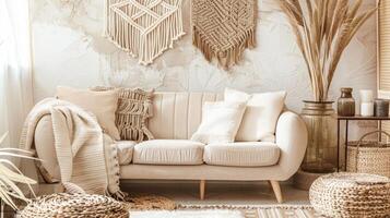 Lastly the sixth image brings us into a cozy and eclectic living room thanks to the use of a textured bohemian wallpaper. The varied textures such as macrame and woven patterns give photo