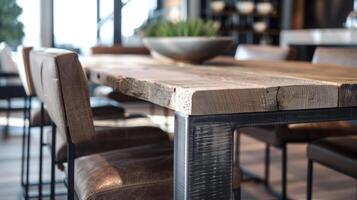 In the dining area a sleek reclaimed wood table is paired with a set of contemporary chairs. The knots and uneven edges of the wood contrast with the smooth metal frames creating a photo