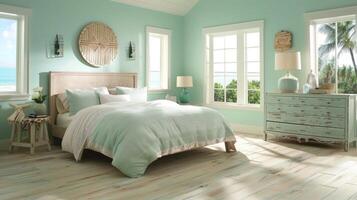 Moving into the bedroom the LVT flooring switches to a lighter bleached wood color. The walls are painted in a calming shade of seafoam green while the bedspread features a subtle photo