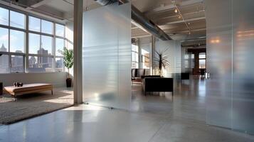 The expansive loft boasts high ceilings and an abundance of natural light further amplified by the use of frosted glass room dividers. The translucent panels add visual interest and photo