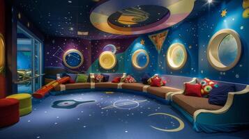 As the day turns into evening the room transforms into a cozy spot for winding down. The walls and flooring now display calming scenes of stars and constellations inviting children photo