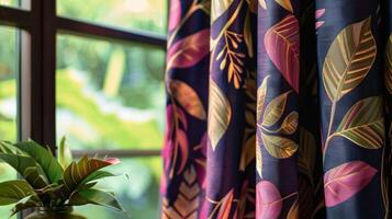 The curtains dd behind the cashiers desk are made of airy fabric with a bold leafy pattern in shades of magenta indigo and gold. They allow glimpses of the lush greenery outside to photo