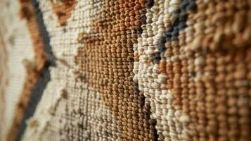 A handwoven wall hanging made with natural fibers showcases a striking geometric pattern in earthy tones of olive green burnt sienna and sandy beige. This piece adds a touch of organic photo