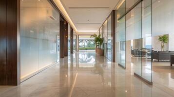 The grand lobby of the luxury resort serves as a stunning introduction to the property with its frosted glass walls creating a sense of glamour and prestige while still maintaining photo