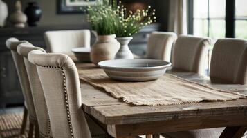 A dining room with a rustic retreat feel showcases a rough burlap table runner with frayed edges p over a wooden farmhouse table. The dining chairs are upholstered in a loosewoven photo