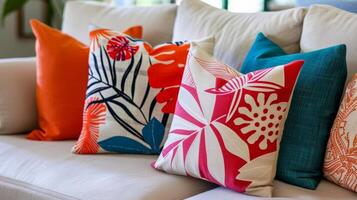 A set of throw pillows in a mix of vibrant abstract patterns and bold colors p on a neutralcolored couch. The pillows add a touch of energy and personality to the otherwise understated photo