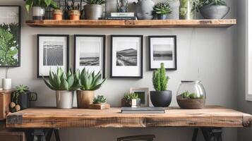 In a home office a simple wooden desk sits against a wall adorned with black and white photographs of barren landscapes. Balanced out by a shelf filled with vibrant green succulents photo