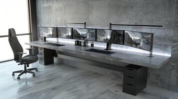 The main work area boasts a large concrete desktop supported by sleek metal legs. The desktop offers ample space for multiple monitors and storage while a concrete shelf above provides photo