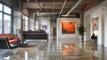 A concrete ceiling with exposed beams gives this office a warehouselike feel while the polished concrete floors add a touch of elegance. The walls are kept simple with a fresh coat photo