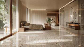 As you walk into the bedroom of Luxury Rewritten your eyes are immediately drawn to the grandiose Terrazzo flooring. The large polished tiles cover the entirety of the room creating photo