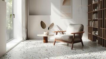A cozy reading nook is created in the corner of the room with a comfortable armchair and a small side table. The star of the nook is the terrazzo flooring which adds a playful touch photo