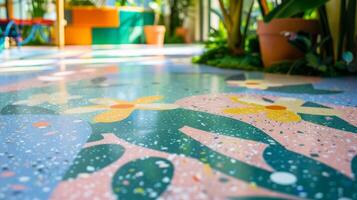 The terrazzo flooring in a playroom brings the outdoors inside with its colorful depiction of a lush meadow. The various hues of green blue and pink create a whimsical and playful photo