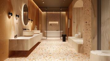 The bathroom at Luxury Rewritten exudes a spalike ambiance with its opulent Terrazzo flooring. The neutral tones of the marble create a soothing and calming atmosphere while the gleaming photo
