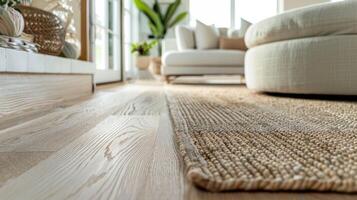 Sunbleached hardwood floors give the room a light and airy feel evoking memories of sandy beaches and ocean breezes. A woven jute rug in a subtle shade of seafoam green adds an extra photo