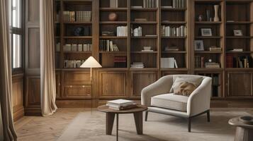 The warm and inviting atmosphere of a home library is further enhanced by the addition of Soundproof Sanctuaries Panels. The natural wood finish of the panels adds a touch of warmth photo
