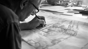 With a sharp focus on the architects thoughtful expression the photograph captures the moment of inspiration as they sketch out a grand and innovative structure. photo