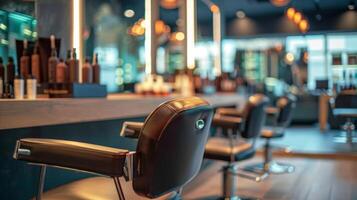 A salon chair is positioned between two hairdressers each armed with their own set of tools and products. With precision and efficiency they work in perfect tandem showcasing the magic photo