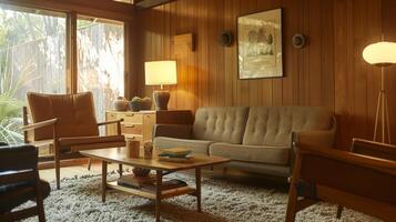 un acogedor vivo habitación con un medio siglo moderno ambiente adornado con calentar madera mueble y retro renacimiento paneles en apagado tierra tonos agregando un toque de Clásico encanto a el espacio. foto