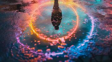 A photo of a persons reflection in a puddle with their head surrounded by a ring of neon lights symbolizing the idea of expanding ones mindset and stepping outside of ones comfort