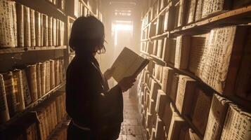In a grand hall lined with shelves upon shelves of ancient tomes a language spet carefully translates a mysterious scroll their steady hand brushing away the dust and revealing the photo